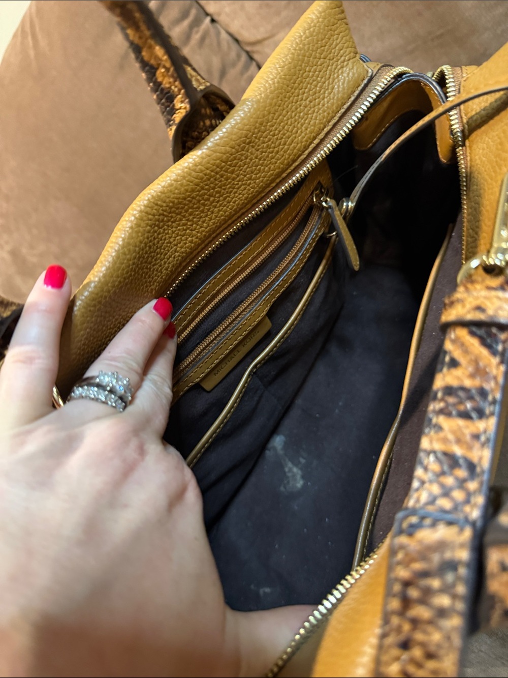Michael Kors Tan Pebbled Satchel with Snakeskin-Print Handles - Picture 3 of 4